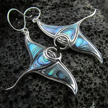 Silver Manta Ray Blue Green Inlay Drop Hook Earrings