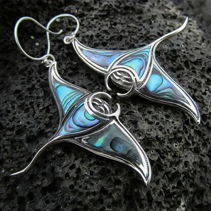 Silver Manta Ray Blue Green Inlay Drop Hook Earrings