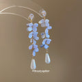 Blue Flower and Pearl Teardrop Earrings in Gold Tone view 4