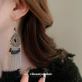Antique Silver Tone Black Bead Chain Tassel Hook Earrings view 3