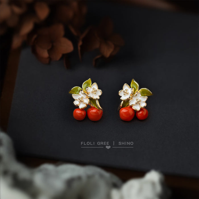Gold Tone Green Leaf White Flower And Red Cherry Stud Earrings