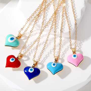 Gold Tone Heart Resin Evil Eye Pendant Necklaces in Seven Colors