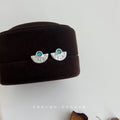 Silver Mini Fan Stud Earrings Green Crystal Textured view 4