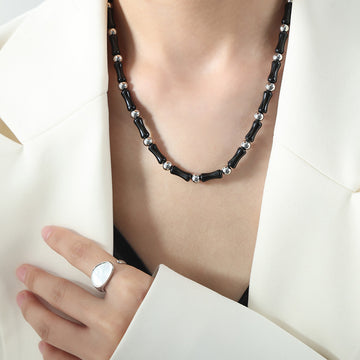 Black Bamboo Segment Beads Silver Metal Ball Necklace
