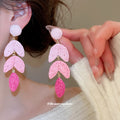 Woven Leaf Drop Earrings in Pink and Yellow Fashion Jewelry view 4