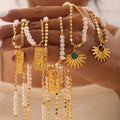 Gold Pearl Disc Chain Pendant Necklaces Hand Sun Rose Motifs view 1