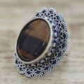 Antique Silver Filigree Heart Oval Brown Stone Finger Ring view 1