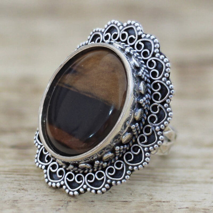 Antique Silver Filigree Heart Oval Brown Stone Finger Ring