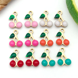 Mini Enamel Cherry Charms in Gold-Tone Stainless Steel, 8 x 10 mm