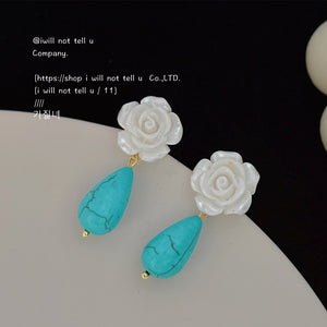White Rose Aqua Veined Teardrop Stud Earrings For Women