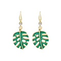 Green Monstera Leaf Gold Tone Botanical Long Hook Earrings view 5