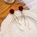 Red Velvet Rose Pearl Look Multichain Long Stud Earrings view 1