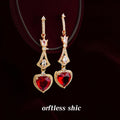 Gold Long Drop Red Heart CZ Earrings Pavé Halo Design view 4