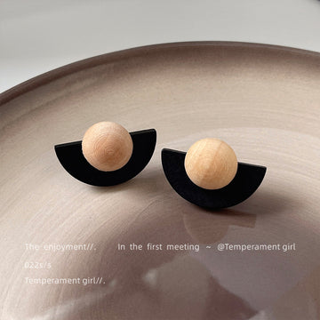 Black Half Circle And Wood Grain Round Stud Earrings For Women