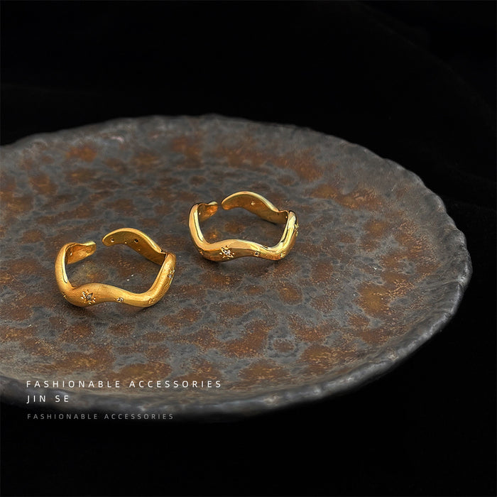 Gold Open Wave Rings Star Accents Matte And Polished Finishes