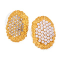 Gold Oval Textured Stud Earrings Pearl or Crystal Center view 5