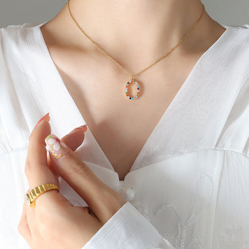 Gold Oval Multicolor Zircon Pendant Necklace Cable Chain