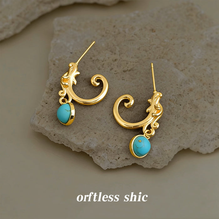 Gold Dragon Scroll C Hoop Earrings Turquoise Drop Pair