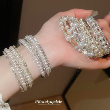 Gold Silver Pearl Rhinestone Multi Layer Open Cuffs