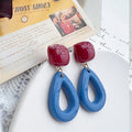 Red Square and Blue Open Teardrop Earrings With Metal Details view 4