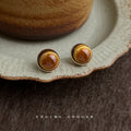 Gold Bezel Round Tiger Eye Cabochon Stud Earrings Warm Brown view 3