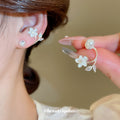 Silver Tone Crystal Leaf and Flower Cluster Stud Earrings view 1