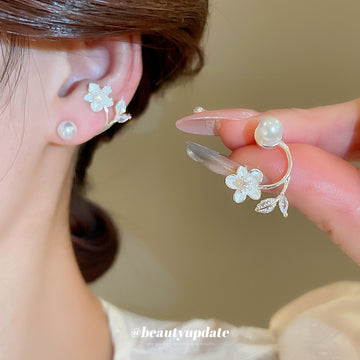 Silver Tone Crystal Leaf and Flower Cluster Stud Earrings