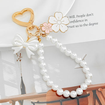 Pearl Bead Wristlet Keychain with Bow and Sakura Flower Charms