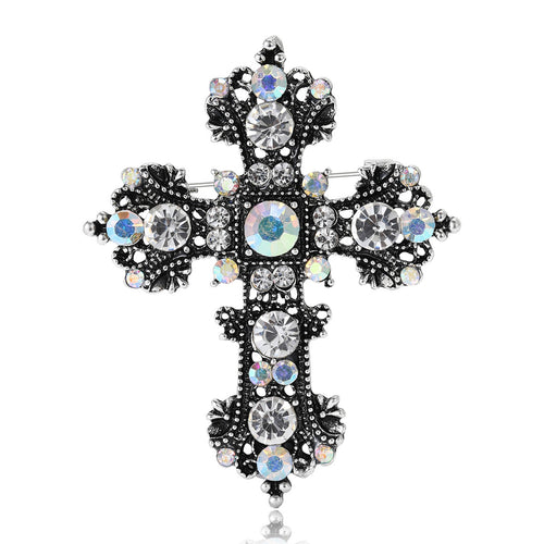 Ornate Crystal Cross Brooch in Blue or Black Stones displayed at an angled product view