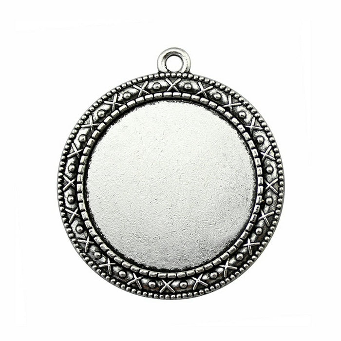 Patterned Round Cabochon Pendant Settings in Two Finishes