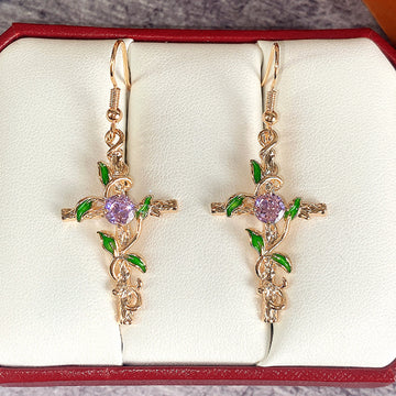 Green Leaf Vine Crystal Drop Earrings in Polished Metal