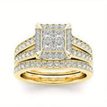 Gold-Tone Three-Piece Square Halo Ring Set with Clear Stone Details view 1