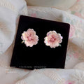 Pink Layered Flower And Green Leaf Stud Earrings For Women view 1