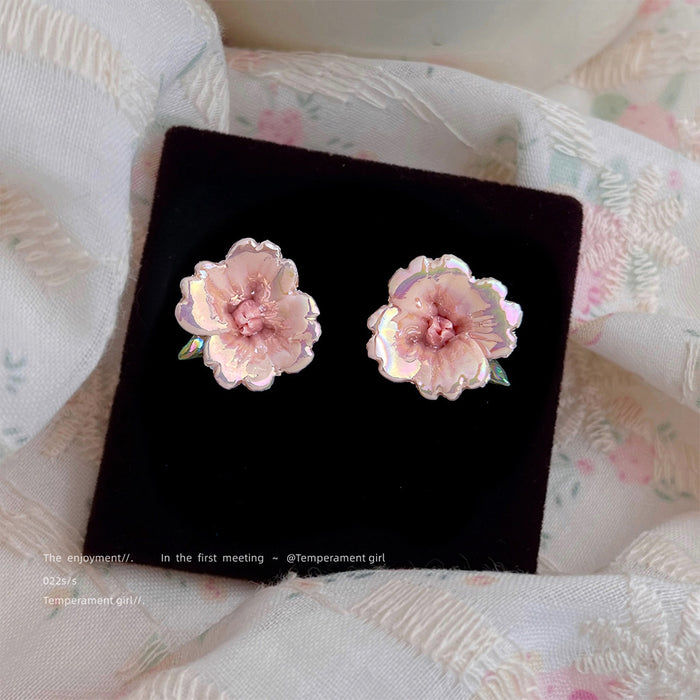 Pink Layered Flower And Green Leaf Stud Earrings For Women
