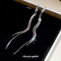 Long Silver Tone Wavy Chain Threader Tassel Stud Earrings view 2
