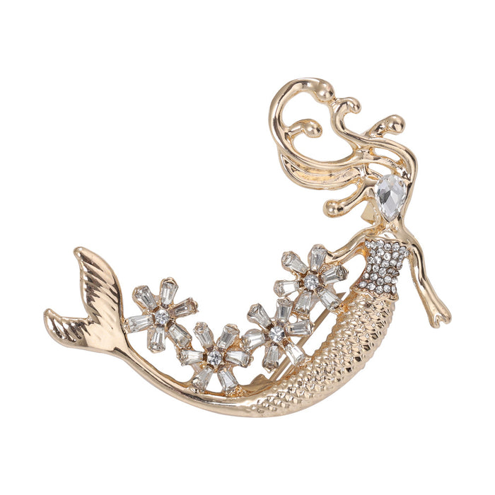 Crystal Mermaid Brooch with Curved Tail in Silver or Gold Tone