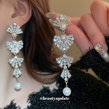 Silver Tone Crystal Bow Pearl Look Drop Earrings Jewelry
