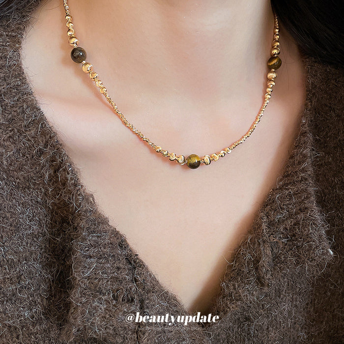 Gold Tone Beaded Necklace With Brown Round Accents