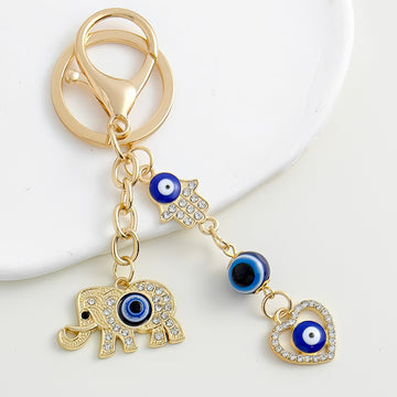 Blue Evil Eye Elephant Hamsa Hand Rhinestone Gold-Tone Keychain