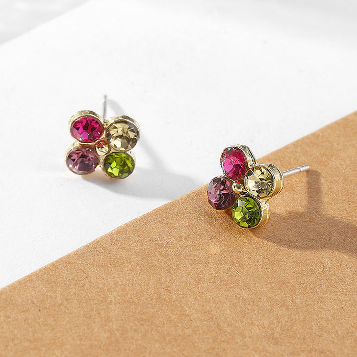 Multicolor Crystal Flower Stud Earrings Gold Four Petals