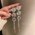 Silver Floral Double Ring Crystal Tassel Statement Earrings view 2