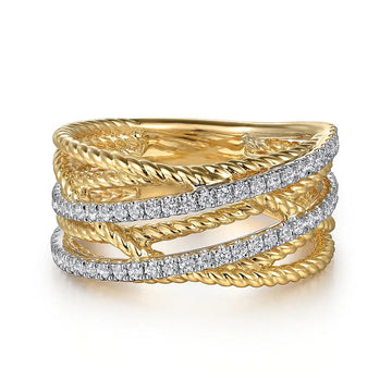 Twisted Rope And Pave Multi-Rail Wide Ring In Gold Tone