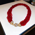 Red Multi Strand Seed Bead Choker Gold Crystal Clasp view 2