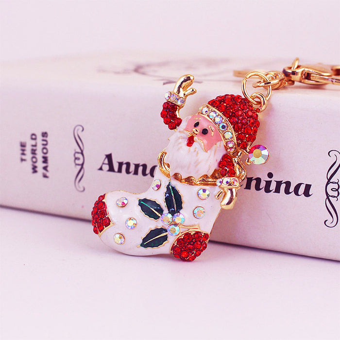Christmas Santa Boot Rhinestone Keychain Holiday Bag Charm for Car Keys