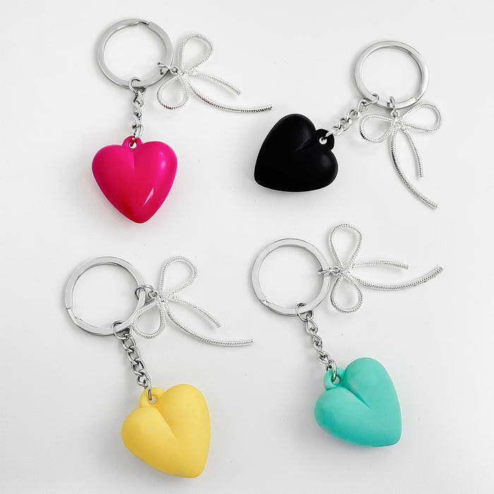 Puffy Heart Charm Keychain With Bow Detail And Colored Chain Strap