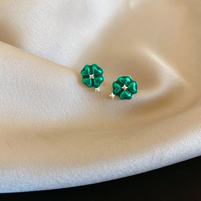 Green Enamel Clover Flower Stud Earrings And Open Ring