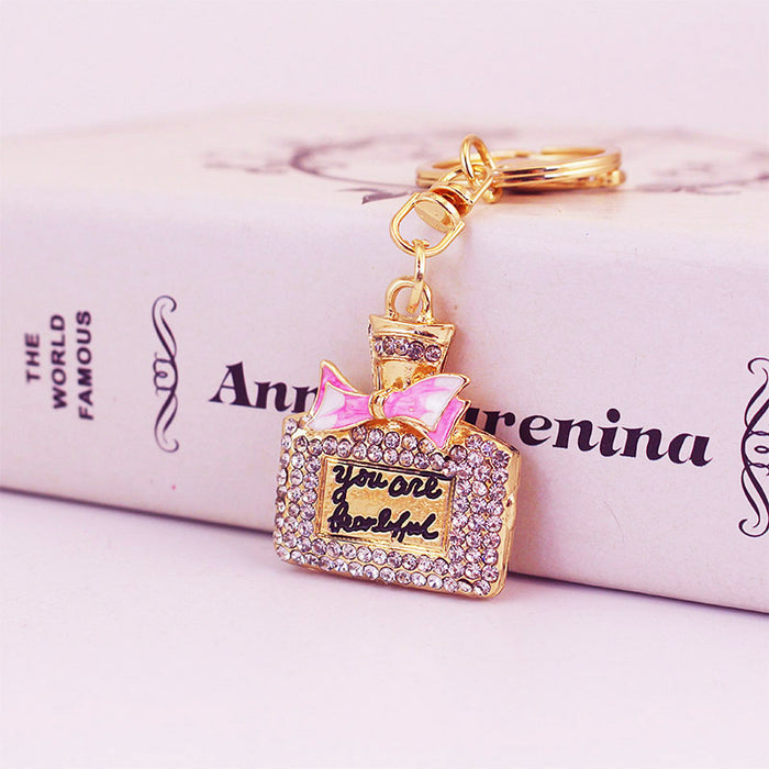 Rhinestone Perfume Bottle Keychain with Ribbon, Women's Bag Charm