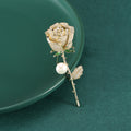 Pavé Crystal Rose Stem Brooch Pearl Green Enamel Gold Silver view 1