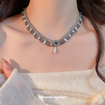 Silver Gray Blue Beaded Scallop Necklace with Teardrop Accent