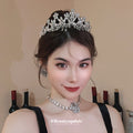 Silver Tone Floral Crystal Tiara Headband With Hanging Drops view 3